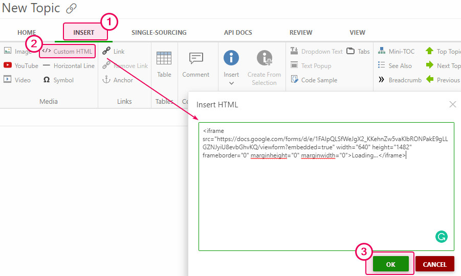 Inserting Google Form embed code into the topic body