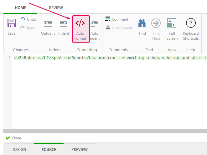 The Auto format button in the HTML source editor