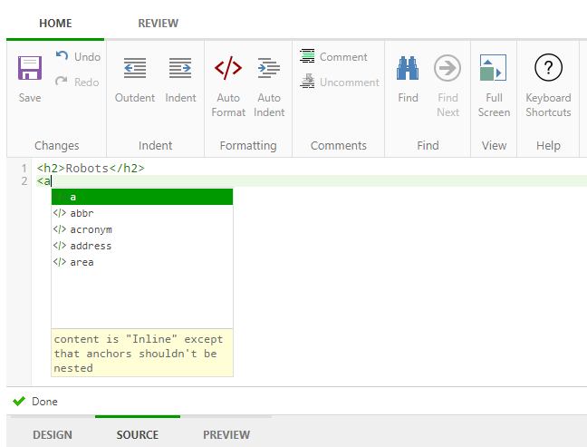 The HTML Source editor of the topic's content