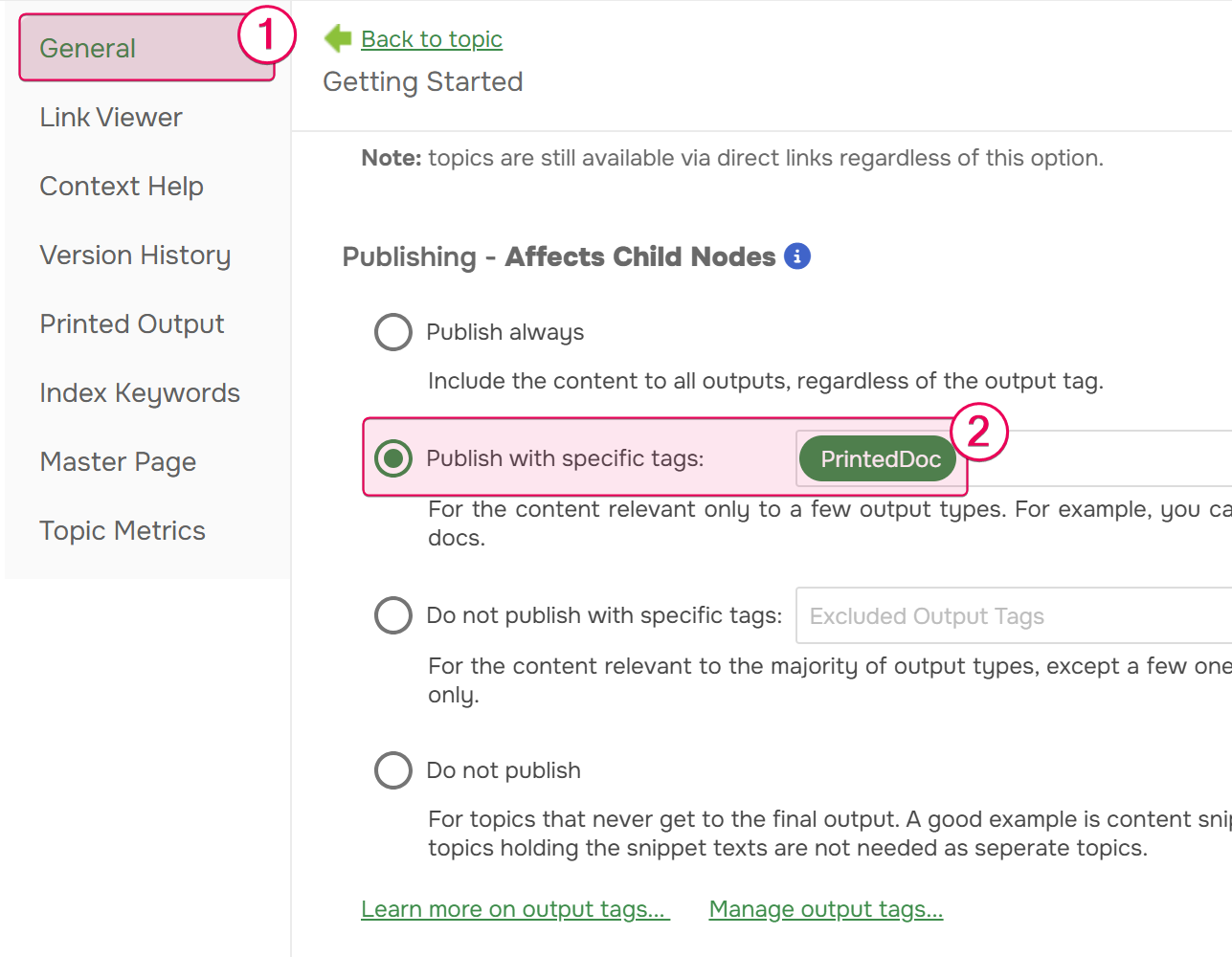 Publishing settings in the topic properties