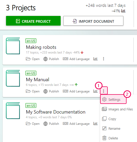 The project settings link on the Projects page