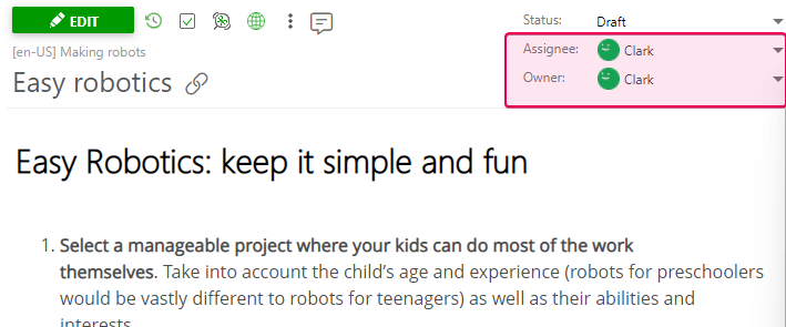 Current Owner and Assignee displayed in the top right corner of the page