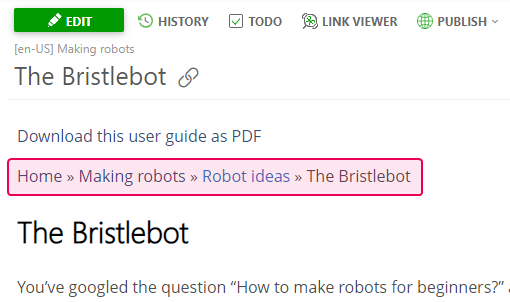 The Breadcrumb element with a Home link in the View mode