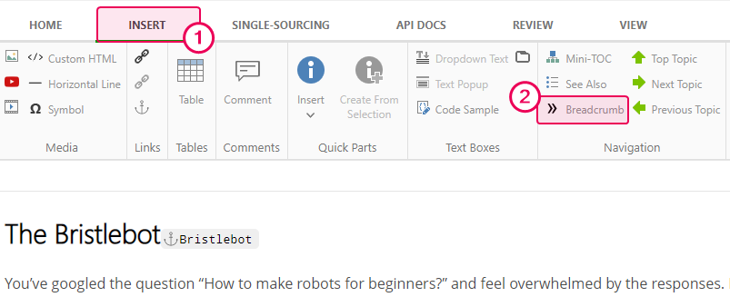 The Breadcrumb button on the Insert tab of the Ribbon bar