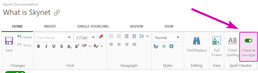 The Check as you type option on the Home tab of the Ribbon bar