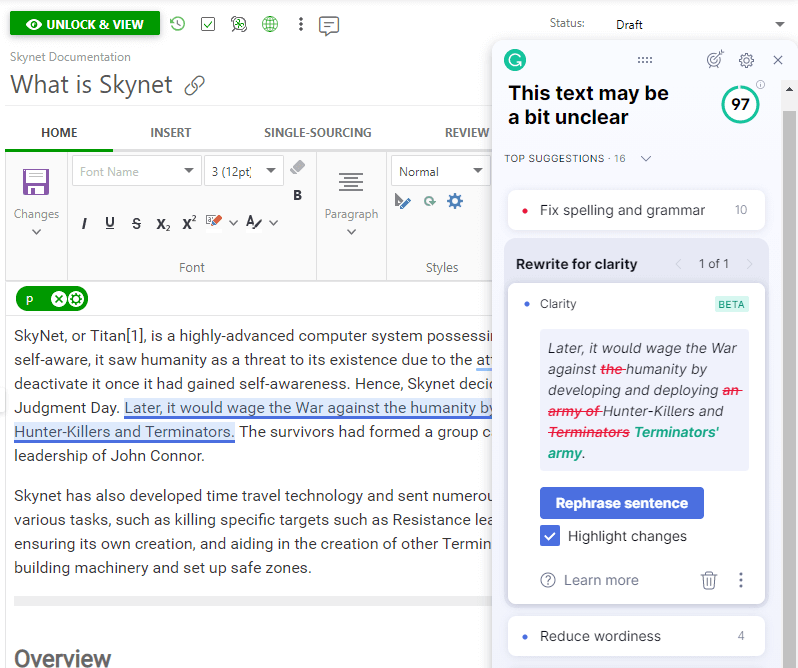 The Grammarly window