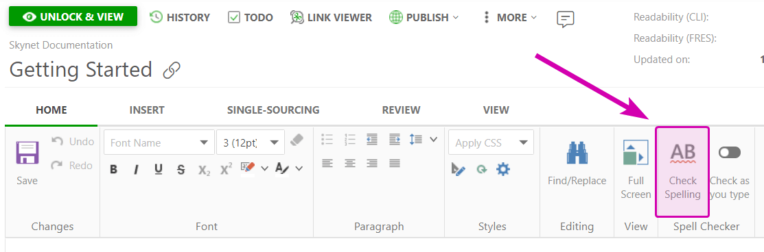 The Check Spelling button on the Home tab of the Ribbon bar