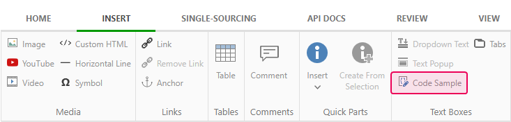 The Code sample button on the Insert tab of the Ribbon bar