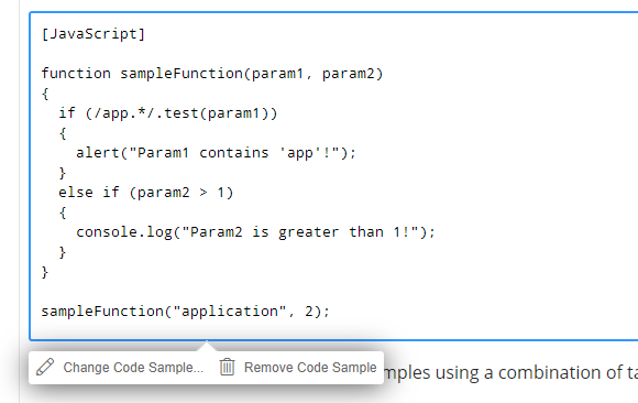 Click the Change code sample link to edit the code sample