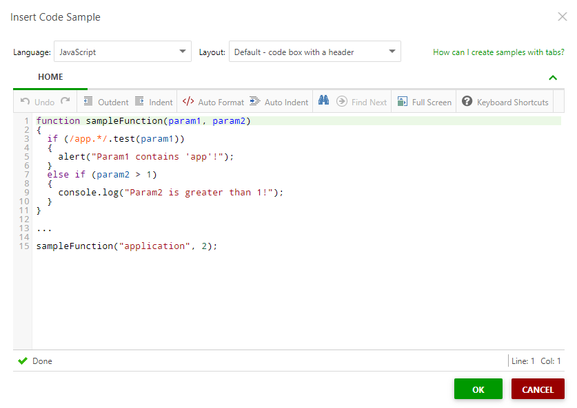 The Insert code sample dialog