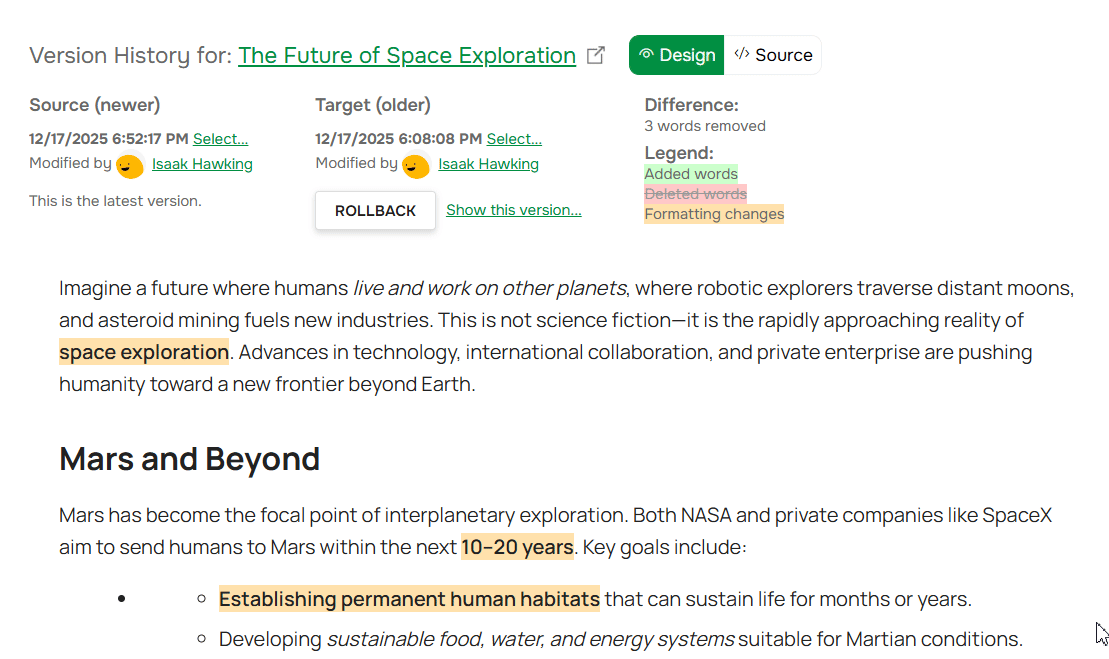 Compare Source code of different versions