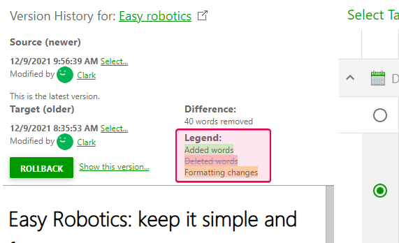 Legend in the Version History that shows different kinds of changes
