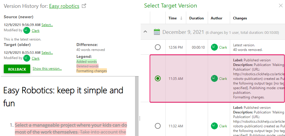 Select the topic version for comparison on the version selector panel