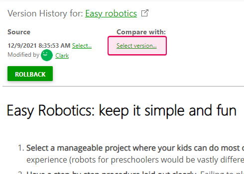 Click the Select version link in the Version History to compare two topic versions