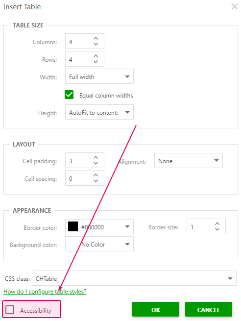 The Accessibility checkbox in the Insert table dialog