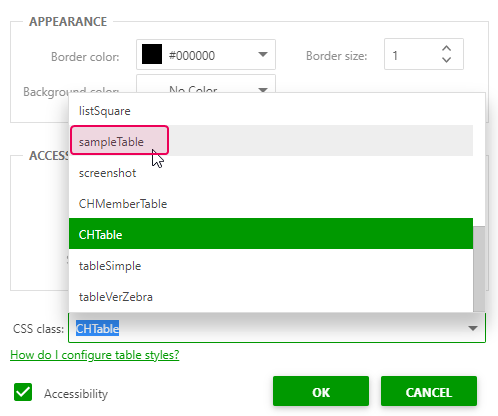 Specify the CSS class for a table in the Accessibility settings