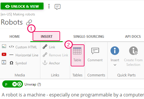 The Table button on the Insert tab of the Ribbon bar
