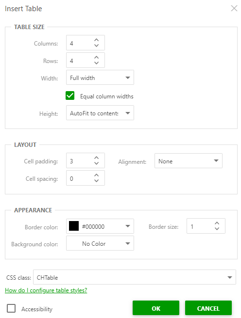 The Insert table dialog