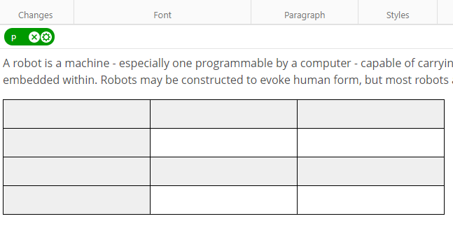 The table with headers in the editing mode