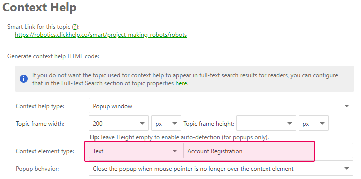 The text content element type chosen in the context help settings