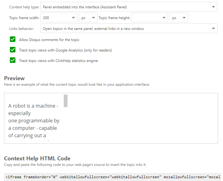 Preview section in the Context help settings