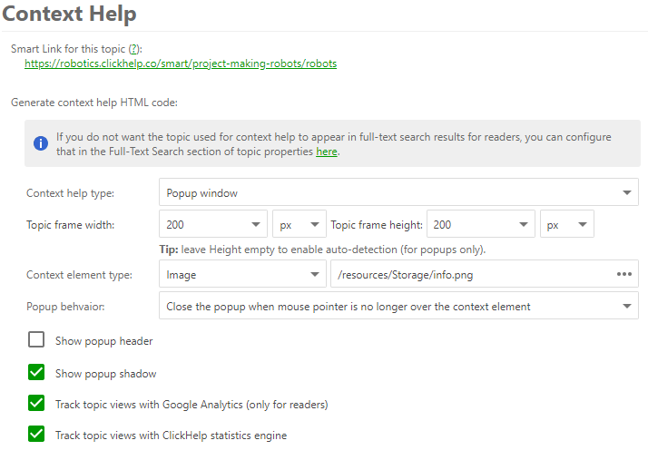 Specify setting on the Context help page