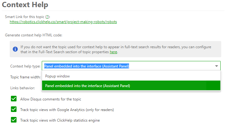 Panel embedded into the interface (Assistant Panel) option in the Context help type section