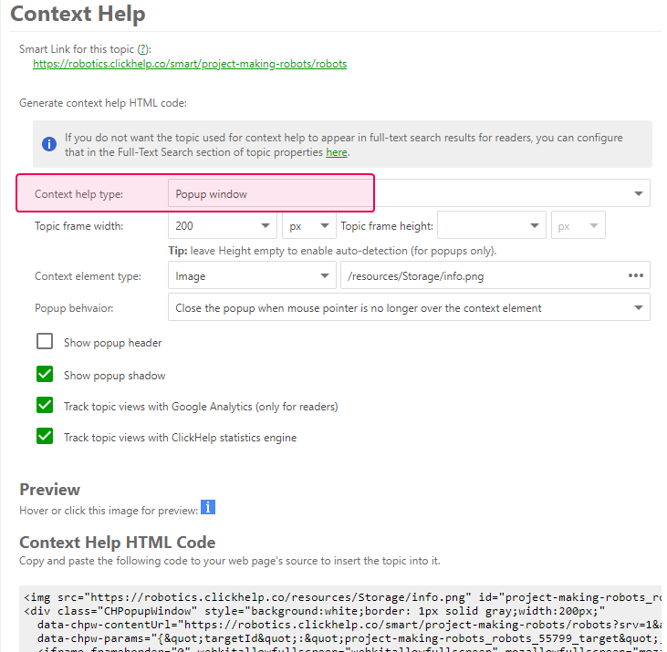 Choose context help type in the Context help settings