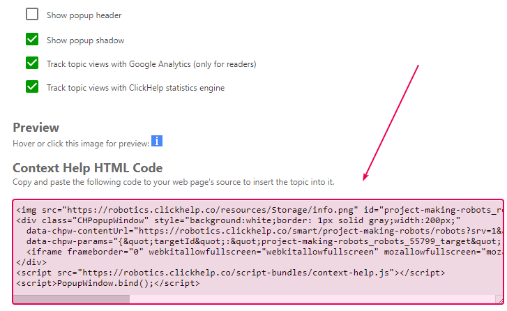 Automatically generated HTML snippet at the end of the Context help page