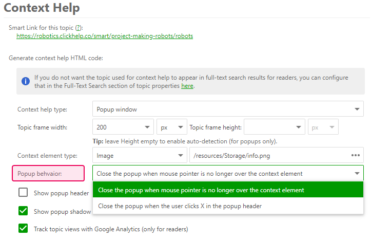 Choose the Popup behavior in the Context help settings