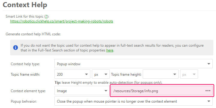 Choose element type in the Context help settings