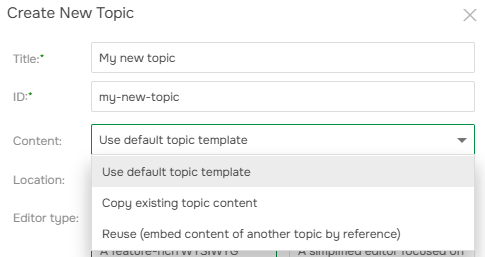 The Content popup in the Create New Topic dialog