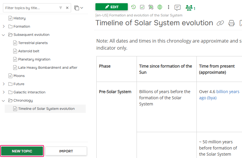 The Create new topic button in the topic's editor