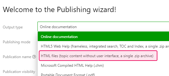 The HTML files option in the Publishing Wizard