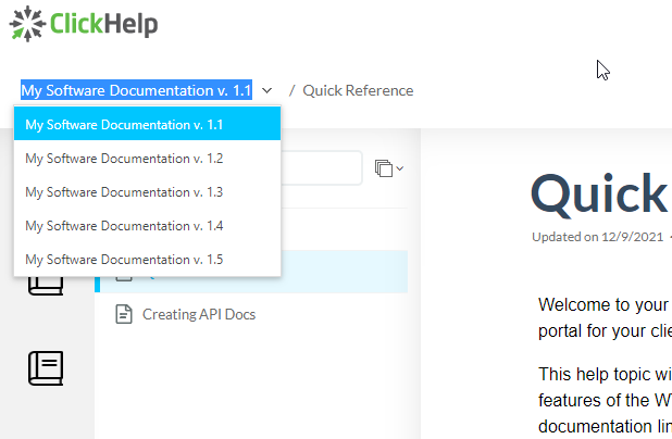 The Version selector in the Reader UI