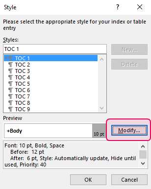 MS Word TOC settings Style pane