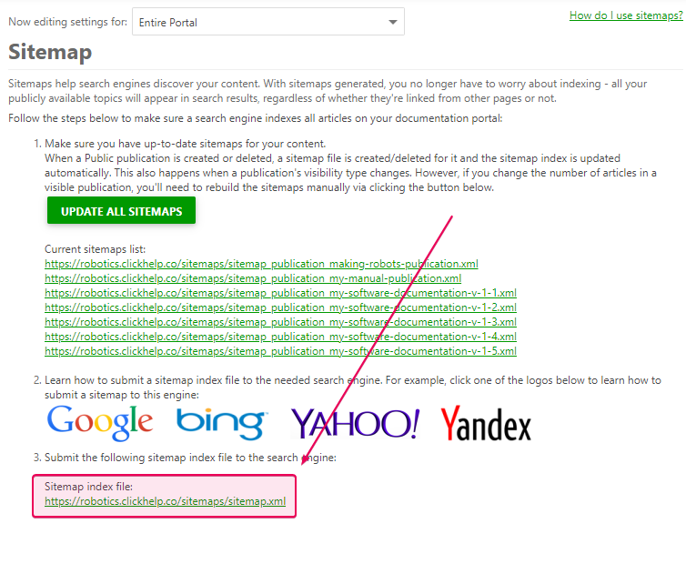 Find the link to the sitemap index file in the Sitemap section of the Portal settings
