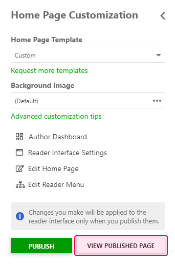 The View published page button in the Home Page Customization widget