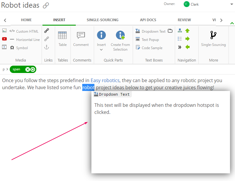 The Dropdown Text window
