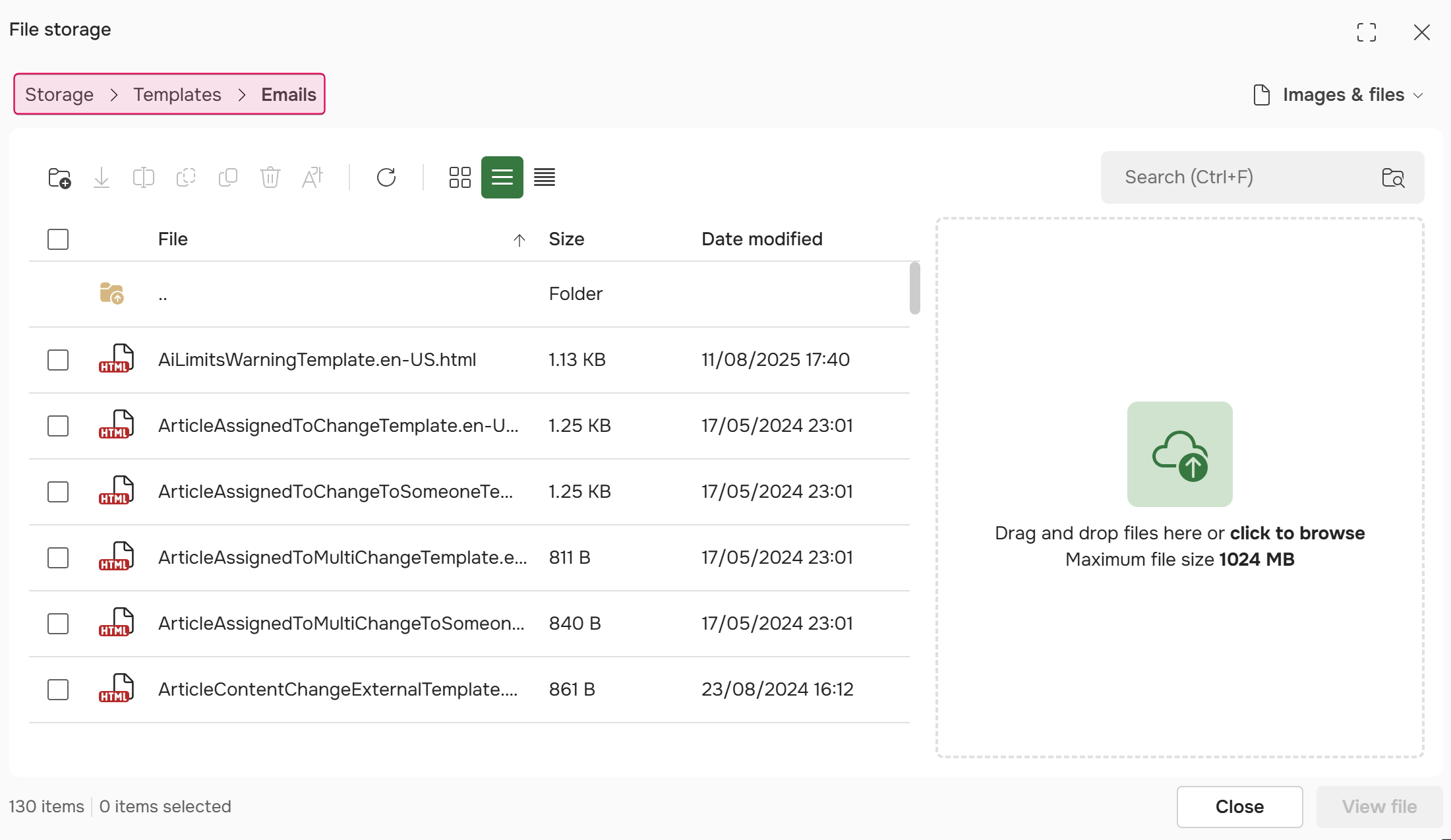 Email Notifications Templates in the File Storage