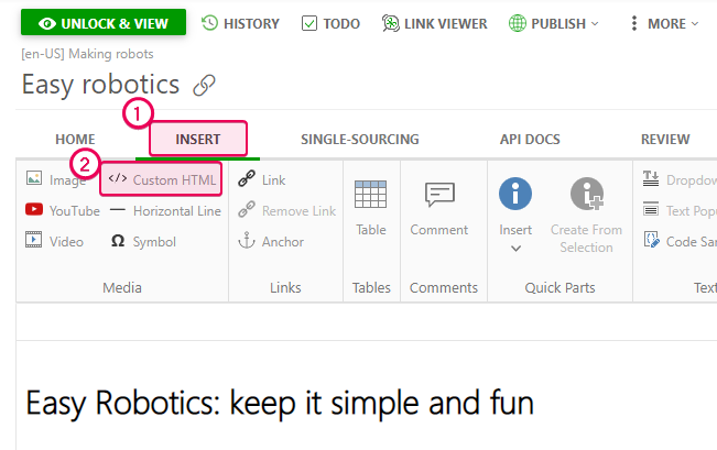 The Custom HTML button on the Ribbon bar