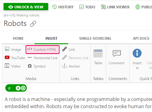 The Custom HTML button on the Ribbon bar