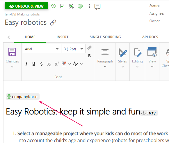 Company name replaced with a variable in the Topic Editor