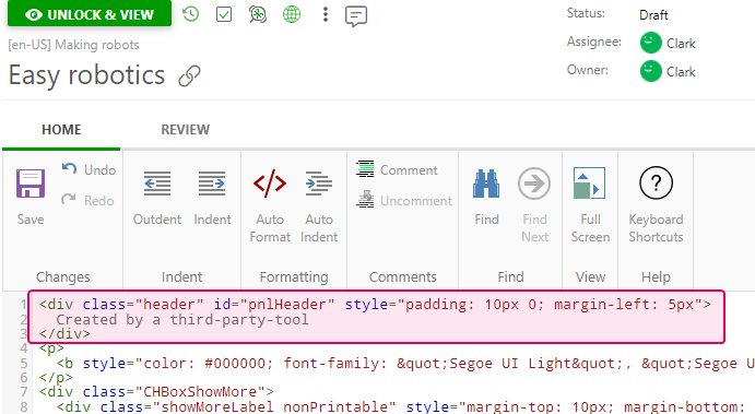 The HTML markup of the header that needs to be deleted