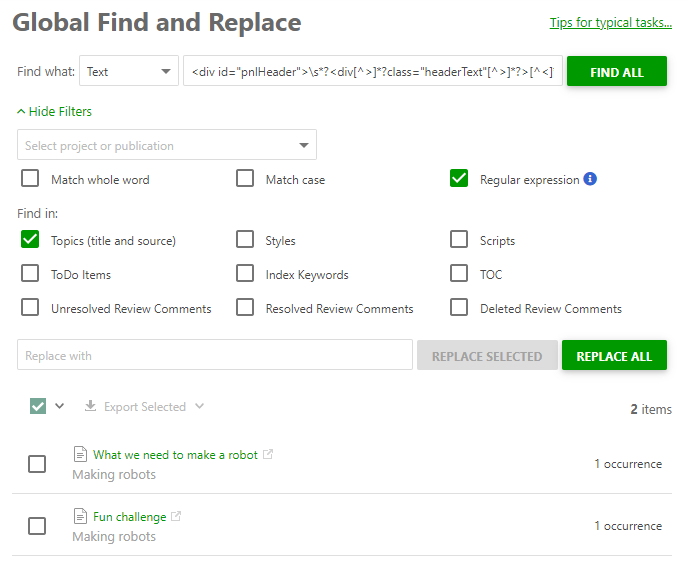 The search results in the GF&R dialog