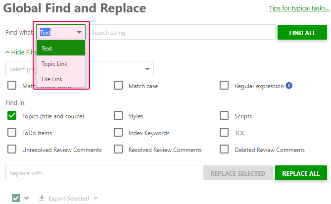 The dropdown list of filters in the GF&R dialog