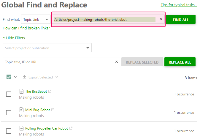 Fil in the Search string in the GF&R dialog