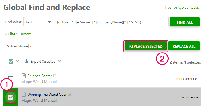 Select a topic and click the Replace selected button in the GF&R dialog