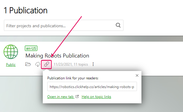 Click the chain icon on the Projects page to get the link to the publication