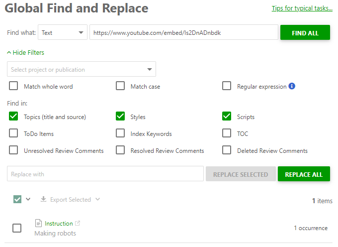 Use the Global Find and Replace option to find the link to the video